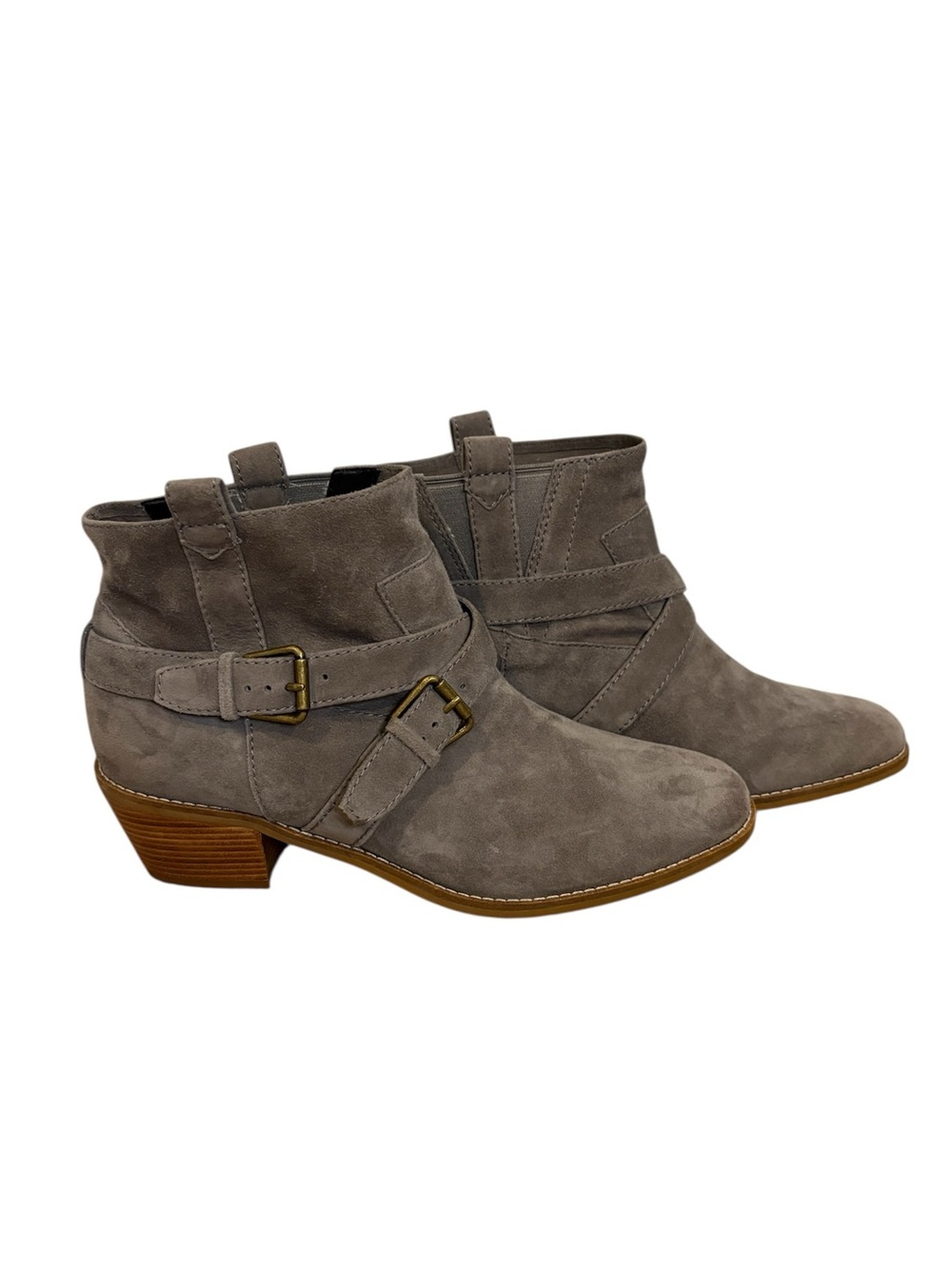 Cole Haan Taupe Suede Ankle Booties with Buckle Straps